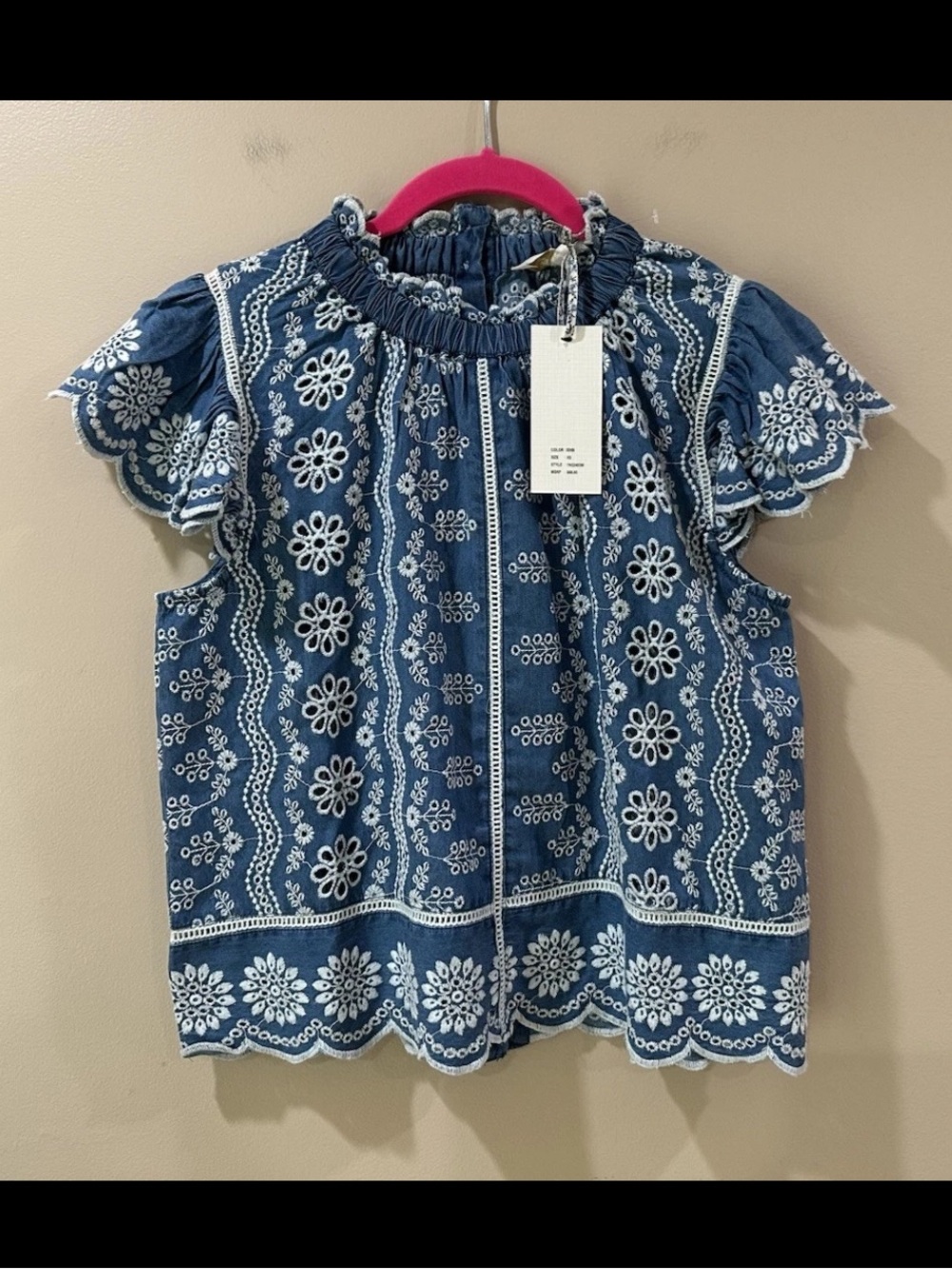 NWT Jennifer & Grace Eyelet Flutter Sleeve Cotton Top blue Parisian Women's XS